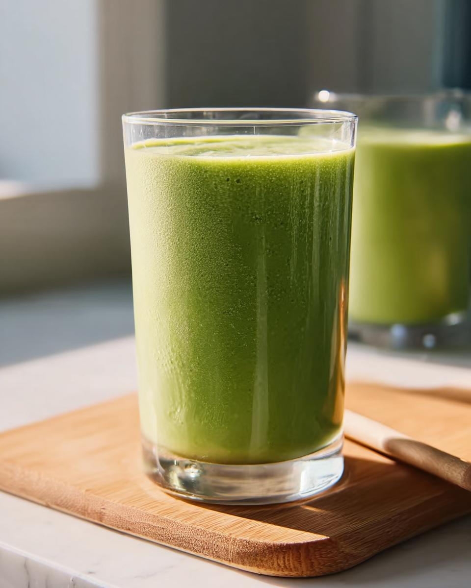 A tall glass filled with a vibrant green smoothie, sitting on a wooden board, part of Easy Smoothie Recipes for Beginners.