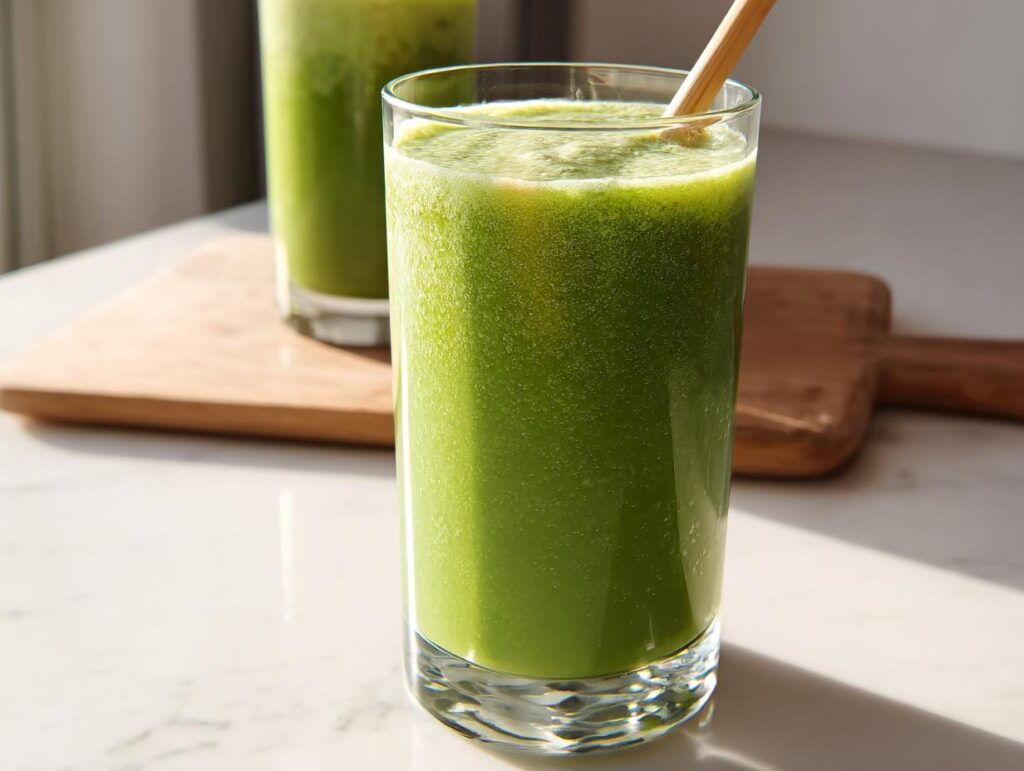 Close-up of a tall glass filled with a vibrant green smoothie, featuring a wooden straw, part of an Easy Smoothie Recipes for Beginners guide.