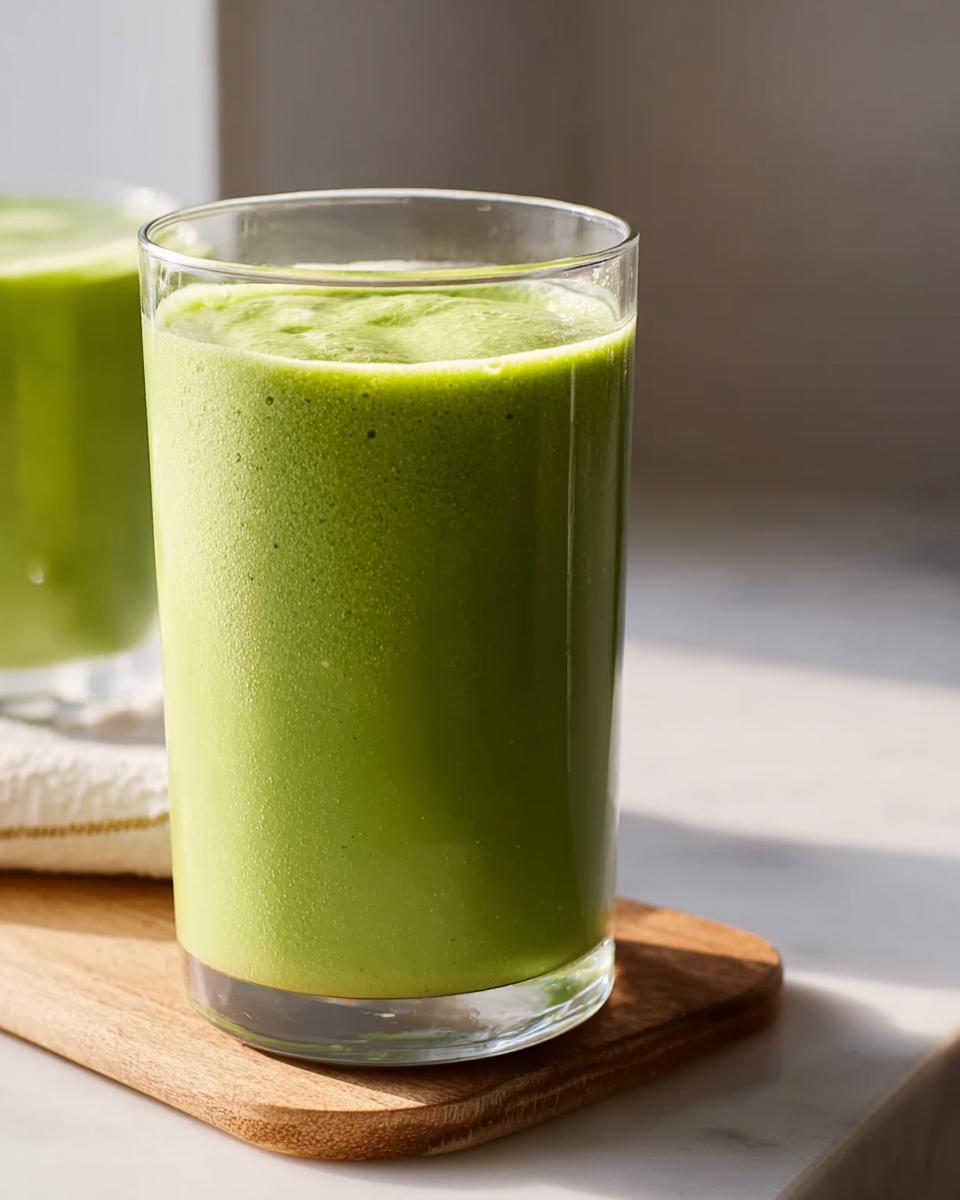 Close-up of a tall glass filled with a vibrant green smoothie, perfect for easy smoothie recipes for beginners.