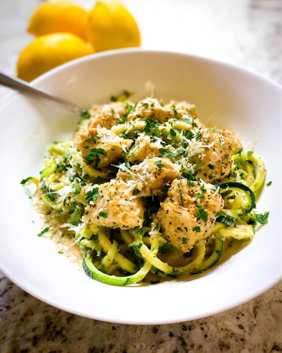A white bowl filled with Zucchini Noodle Chicken Alfredo Lightened Up, topped with chicken pieces and Parmesan.