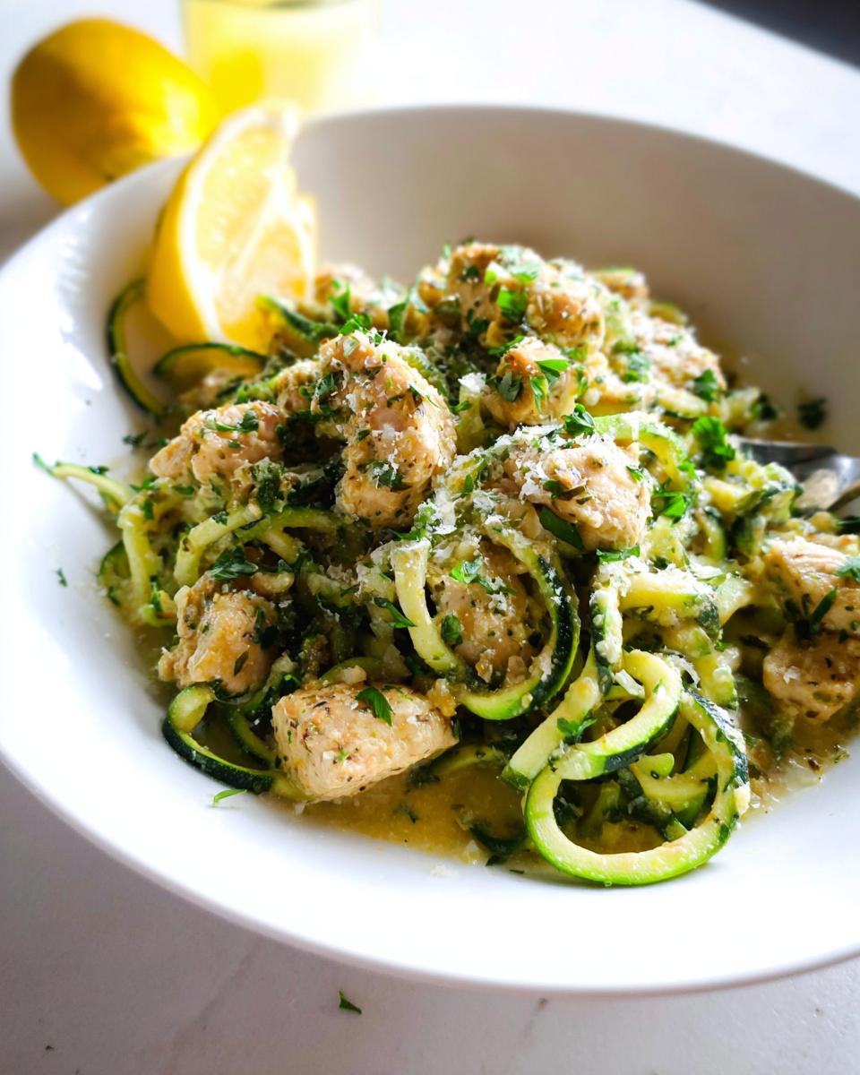 Close-up of Zucchini Noodle Chicken Alfredo Lightened Up, featuring spiralized zucchini, chicken chunks, and Parmesan.