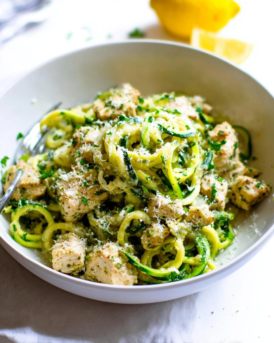 A close-up of Zucchini Noodle Chicken Alfredo Lightened Up, featuring spiralized zucchini, chicken chunks, and grated Parmesan.