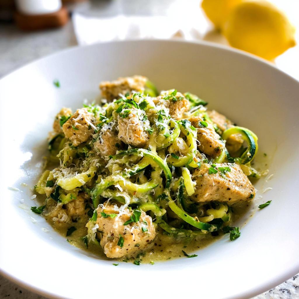 A bowl of Zucchini Noodle Chicken Alfredo Lightened Up, topped with Parmesan and parsley.