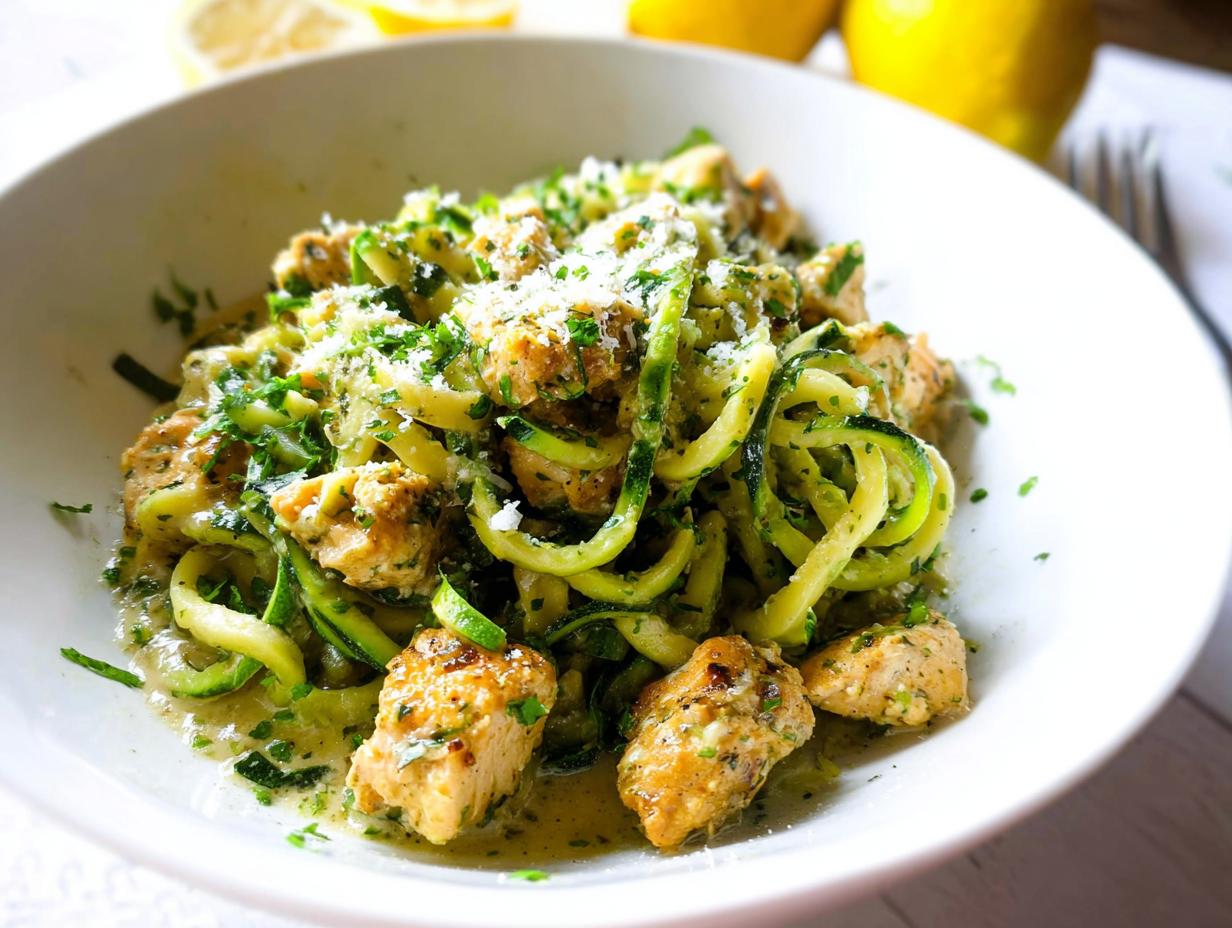 A close-up of Zucchini Noodle Chicken Alfredo Lightened Up, featuring spiralized zucchini noodles, chicken pieces, and a creamy sauce.