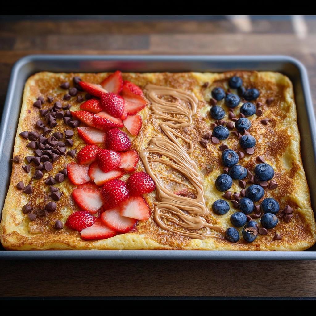 A sheet pan pancake topped with strawberries, blueberries, chocolate chips, and peanut butter drizzle. A perfect 10-ingredient breakfast.