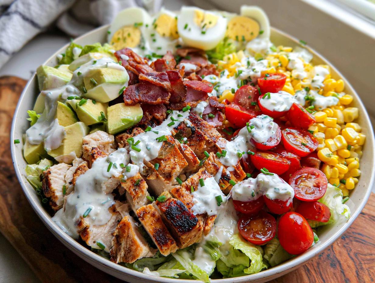 A vibrant 10-ingredient chicken salad featuring grilled chicken, bacon, avocado, hard-boiled eggs, corn, and tomatoes, drizzled with dressing.