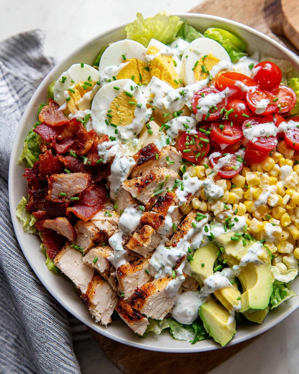 A close-up of a delicious chicken salad featuring grilled chicken, bacon, hard-boiled eggs, tomatoes, corn, and avocado, drizzled with dressing.