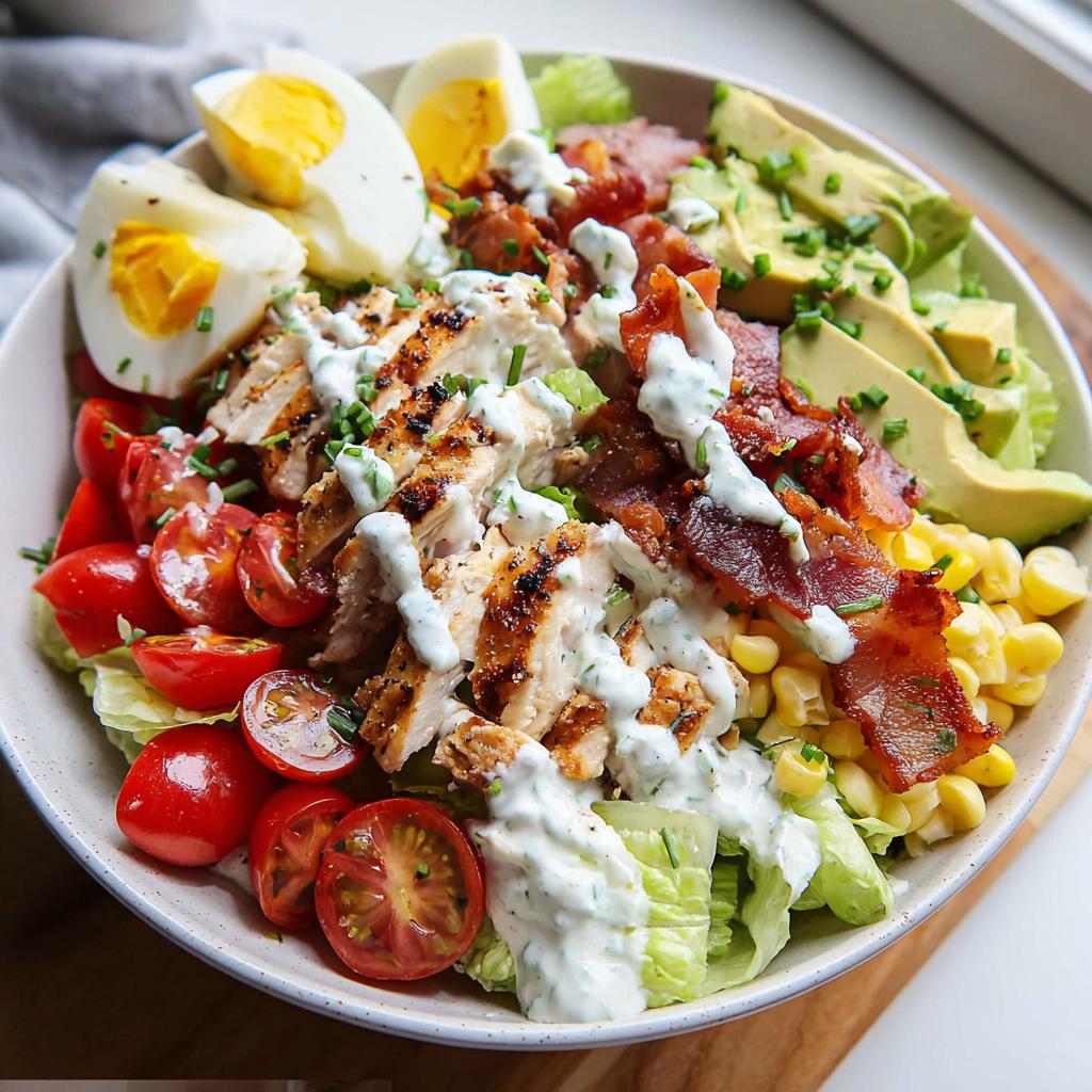 A vibrant 10-ingredient chicken salad featuring grilled chicken, bacon, hard-boiled eggs, tomatoes, corn, avocado, and creamy dressing.