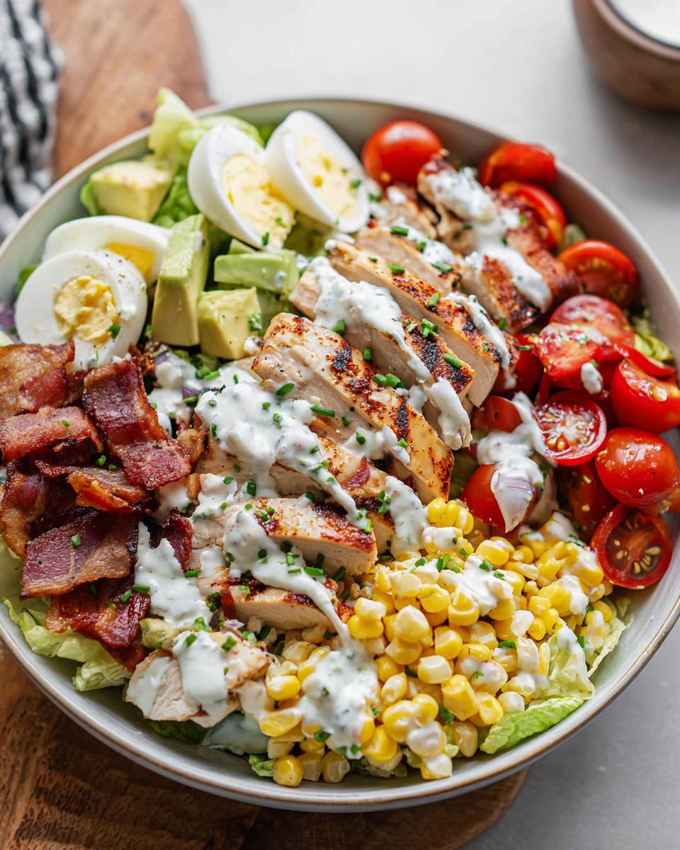 A vibrant salad featuring grilled chicken, bacon, avocado, hard-boiled eggs, cherry tomatoes, and corn, drizzled with creamy dressing. A perfect 10-ingredient chicken recipe.