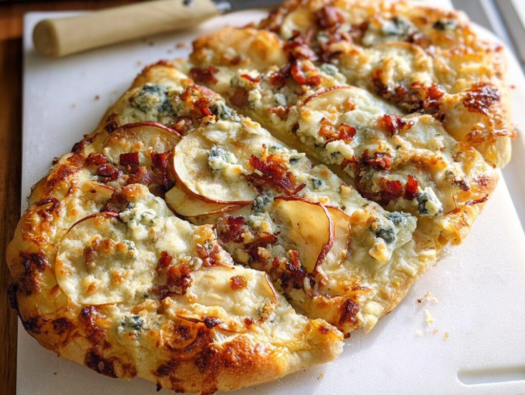 A delicious 10-ingredient pizza featuring apple slices, crispy bacon, and crumbled blue cheese on a golden crust.