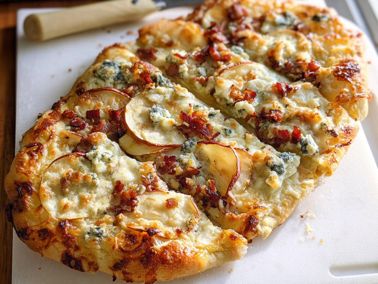 A delicious 10-ingredient pizza featuring apple slices, crispy bacon, and crumbled blue cheese on a golden crust.
