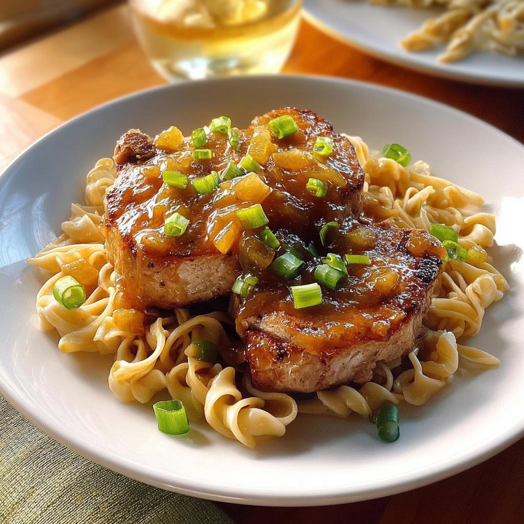 Two juicy 10-ingredient pork chops topped with a sweet glaze and green onions, served over egg noodles.