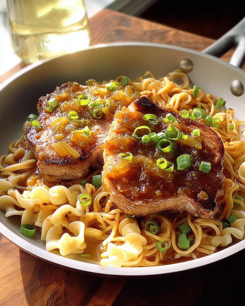 Two juicy 10-ingredient pork chops served over noodles and garnished with chopped green onions.