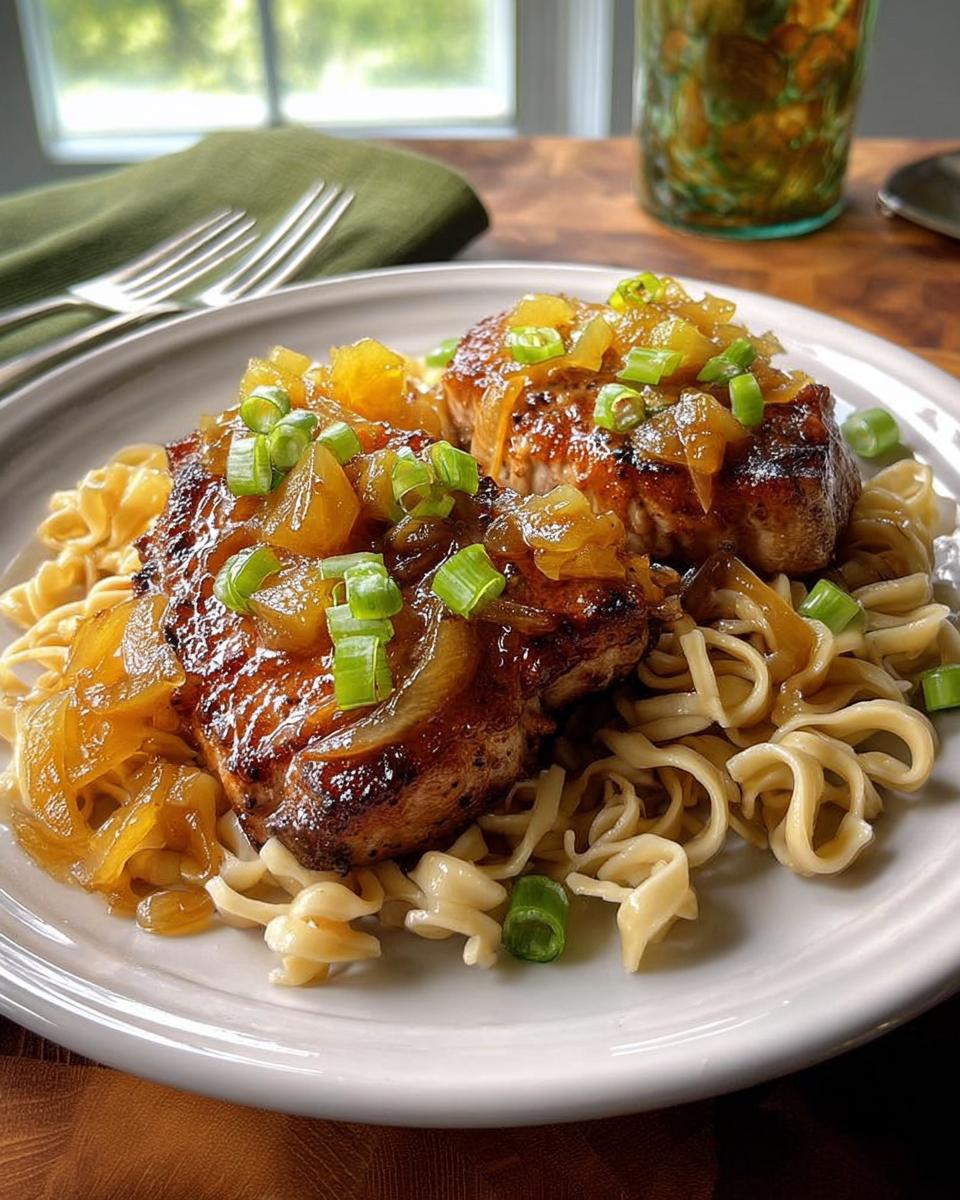 Two juicy pork chops topped with caramelized onions and green onions, served over noodles. A dish from 10-Ingredient Pork Chops Recipes.