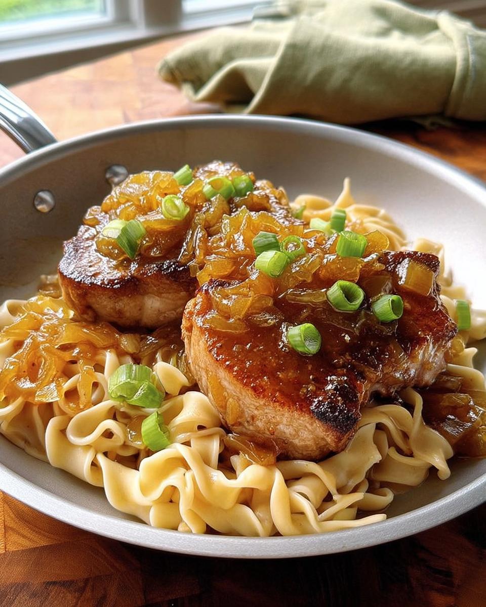 Two juicy 10-ingredient pork chops topped with caramelized onions and green onions, served over egg noodles.