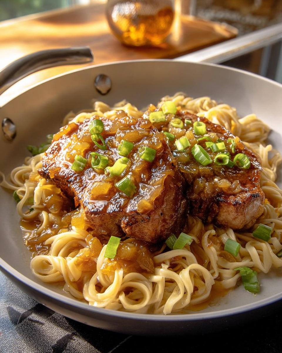 Juicy 10-ingredient pork chops served over noodles and topped with a savory sauce and green onions.