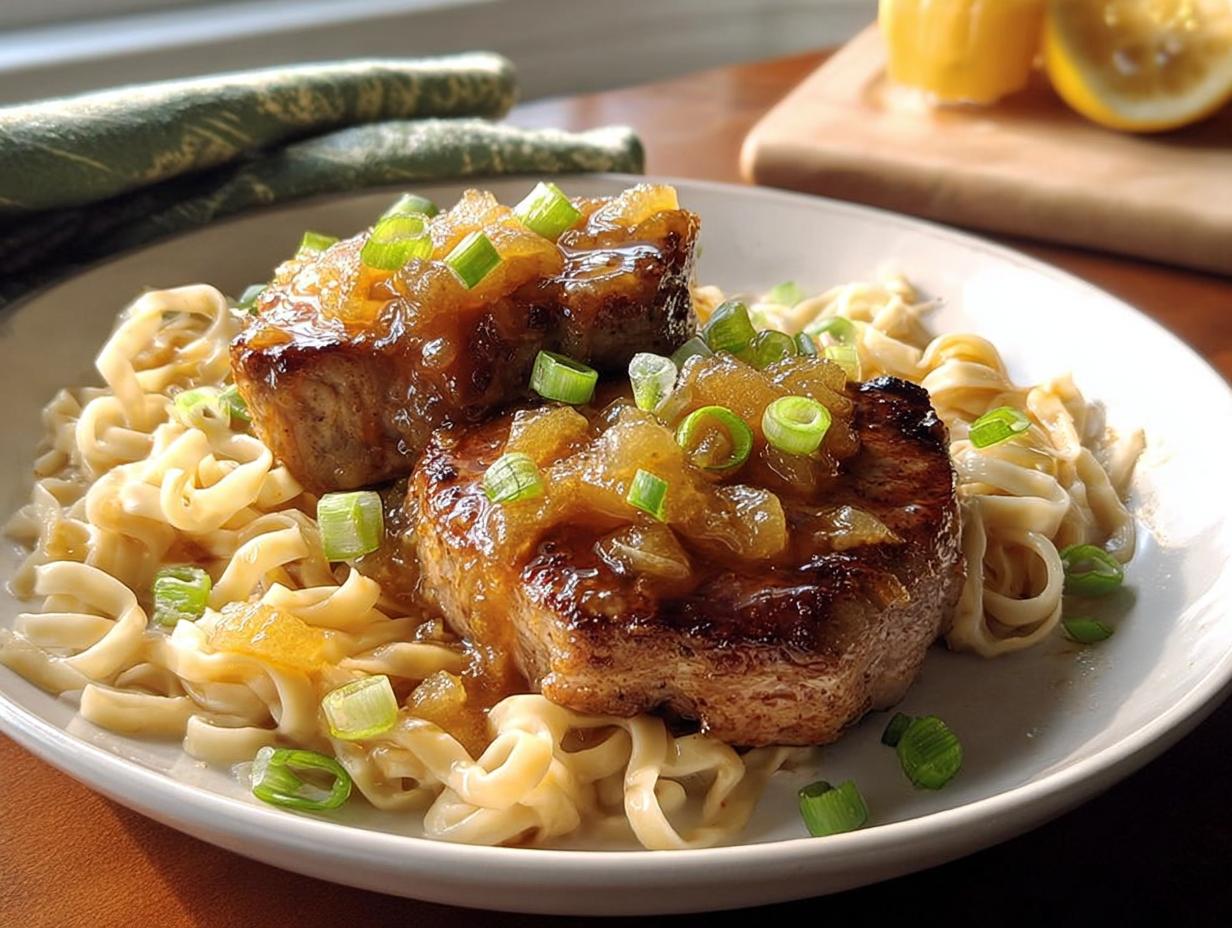 Two juicy 10-ingredient pork chops served over noodles and topped with a savory sauce and green onions.