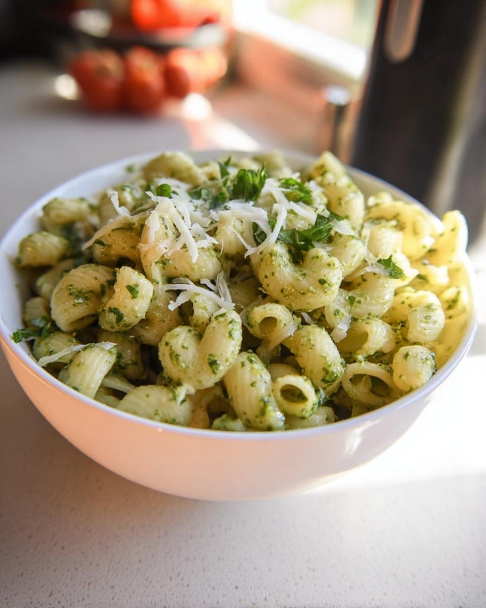 A white bowl filled with 10 minute pasta recipes in pesto, topped with shredded parmesan cheese and fresh herbs.