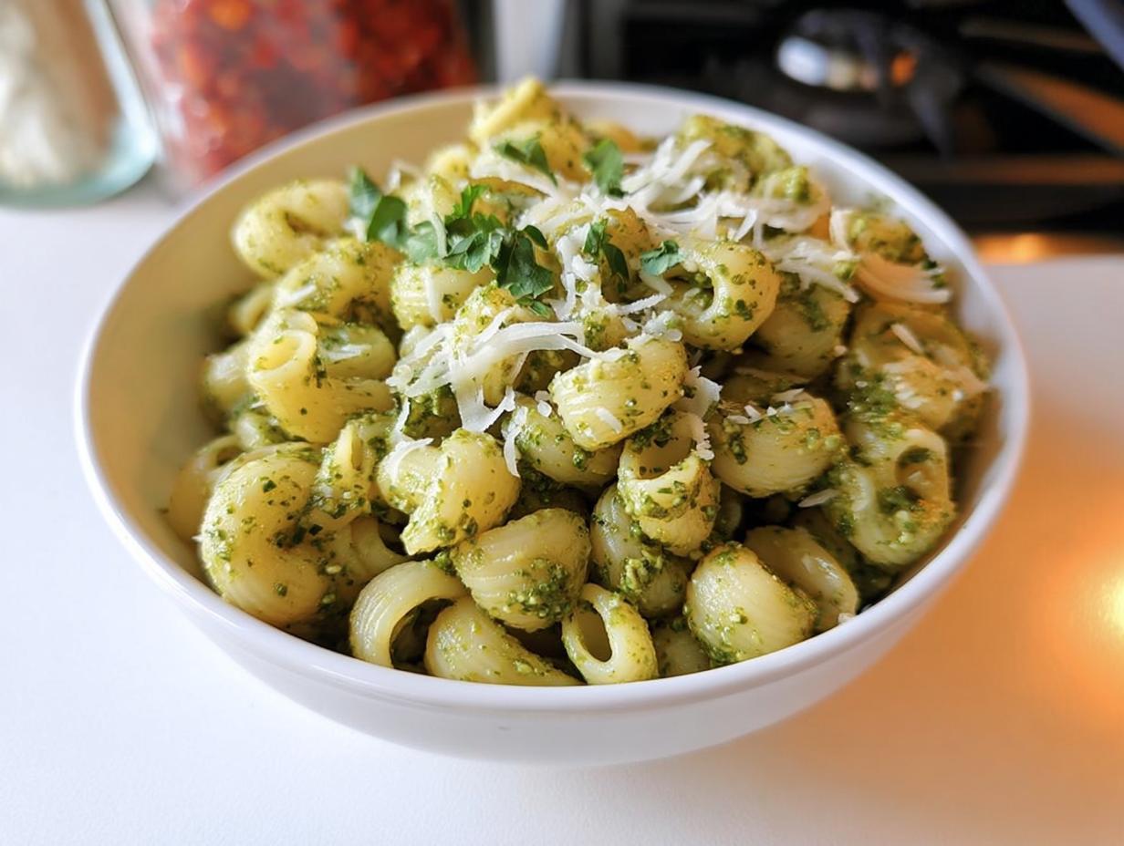 A bowl of 10 minute pasta with pesto sauce, topped with grated cheese and parsley.