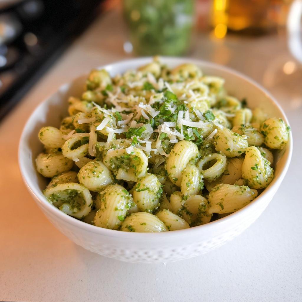 A bowl of delicious 10 minute pasta recipes, tossed in pesto and topped with grated cheese and fresh parsley.