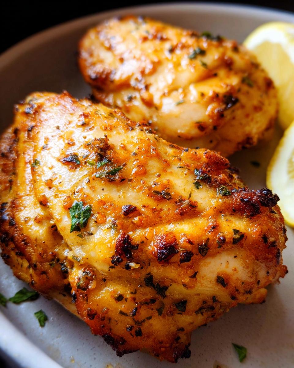 Close-up of two perfectly cooked air fryer chicken breasts seasoned with herbs and spices, served with lemon wedges.