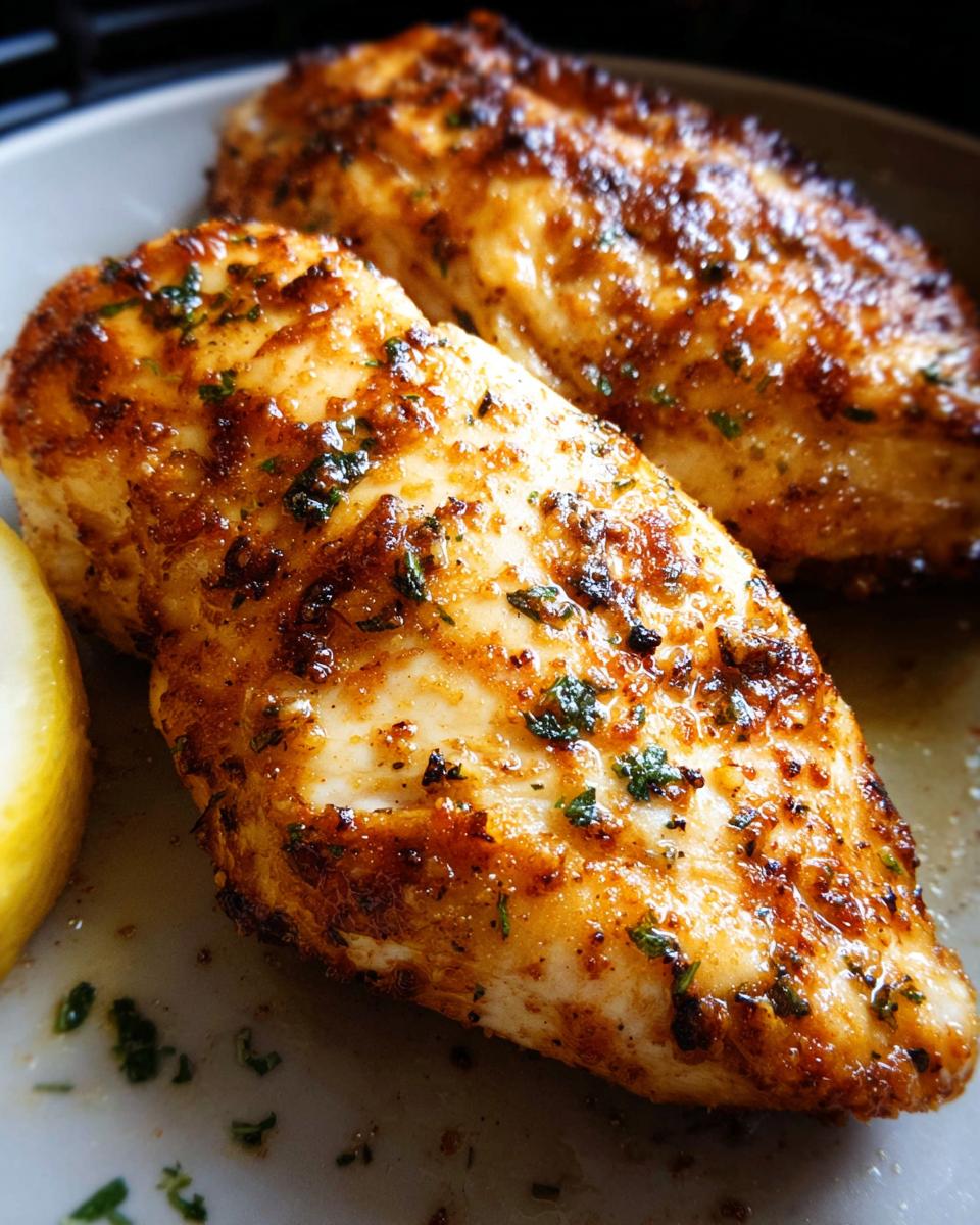 Close-up of two juicy 12-ingredient air fryer chicken breasts seasoned with herbs and spices.