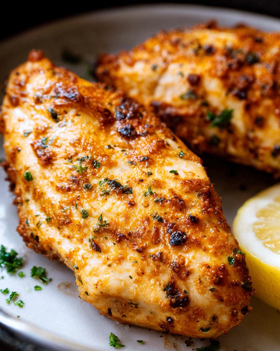 Close-up of two juicy air fryer chicken breasts seasoned with herbs and served with a lemon wedge.