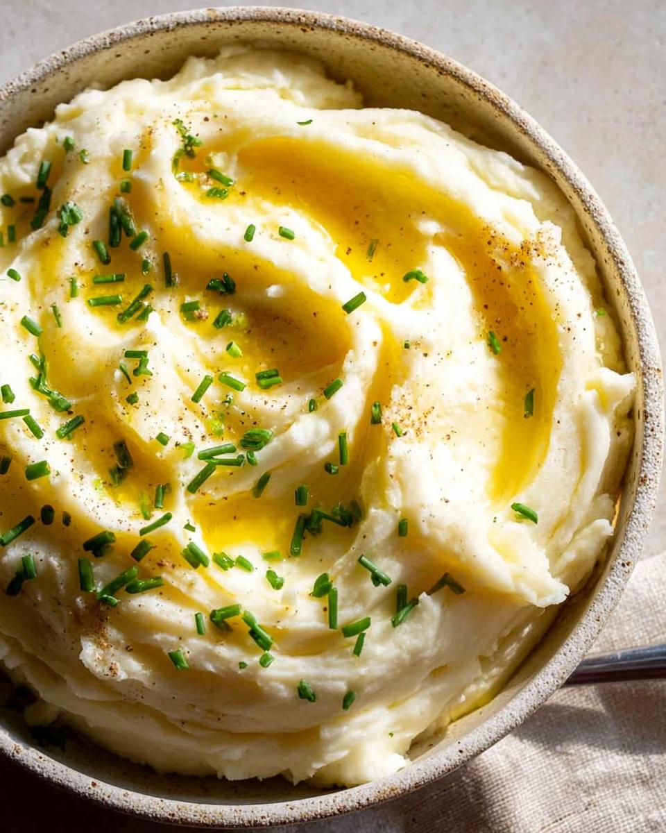 Close-up of fluffy 12-Ingredient Mashed Potatoes Recipe topped with melted butter and fresh chives.