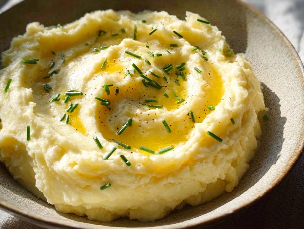 Close-up of creamy 12-Ingredient Mashed Potatoes topped with melted butter and chives.