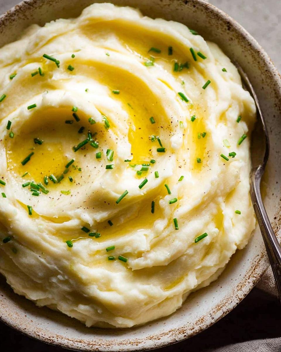 A close-up of creamy 12-Ingredient Mashed Potatoes topped with melted butter and fresh chives.