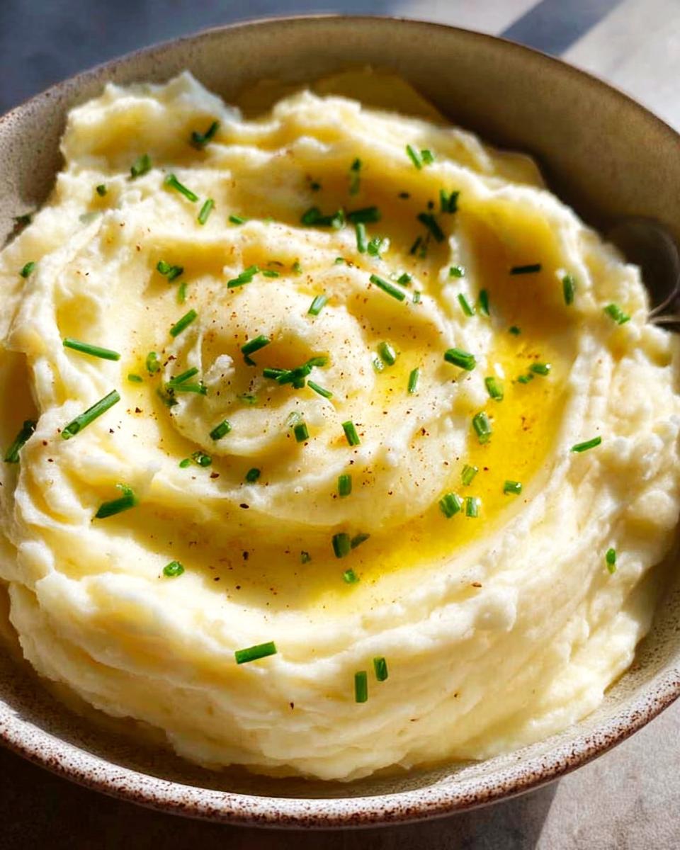 Close-up of creamy 12-Ingredient Mashed Potatoes Recipe topped with melted butter and chives.