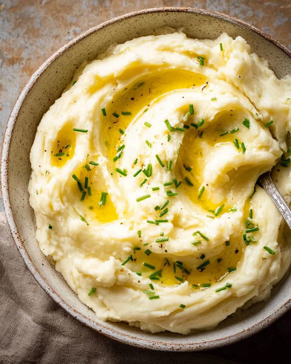 Close-up of creamy 12-Ingredient Mashed Potatoes topped with melted butter and fresh chives.