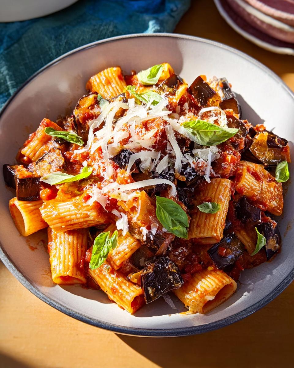 A close-up of a bowl of rigatoni pasta with a rich tomato sauce, chunks of roasted eggplant, and fresh basil leaves, topped with grated cheese. This is one of our 12-Ingredient Pasta Recipes.