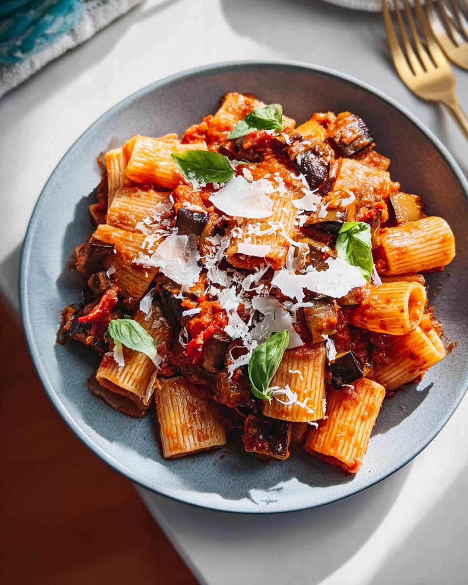 A close-up of a bowl of rigatoni pasta with a rich tomato and eggplant sauce, topped with shaved parmesan and fresh basil. This is one of our 12-Ingredient Pasta Recipes.