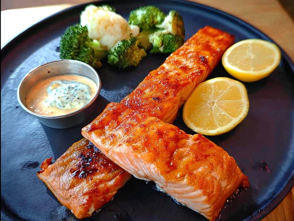 Two perfectly cooked salmon fillets served with steamed broccoli, lemon wedges, and a creamy dipping sauce.