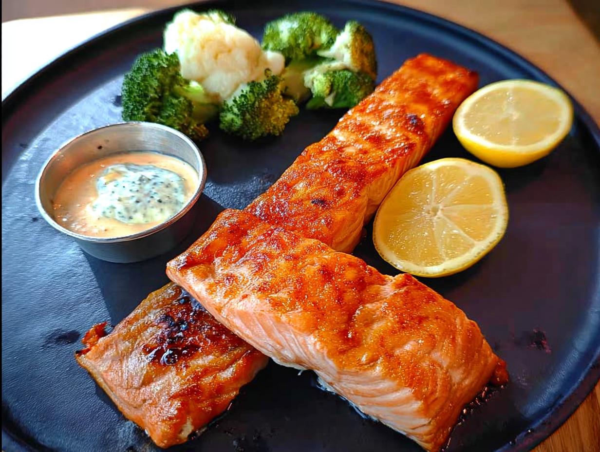 Two perfectly cooked salmon fillets served with steamed broccoli, lemon wedges, and a creamy dipping sauce.