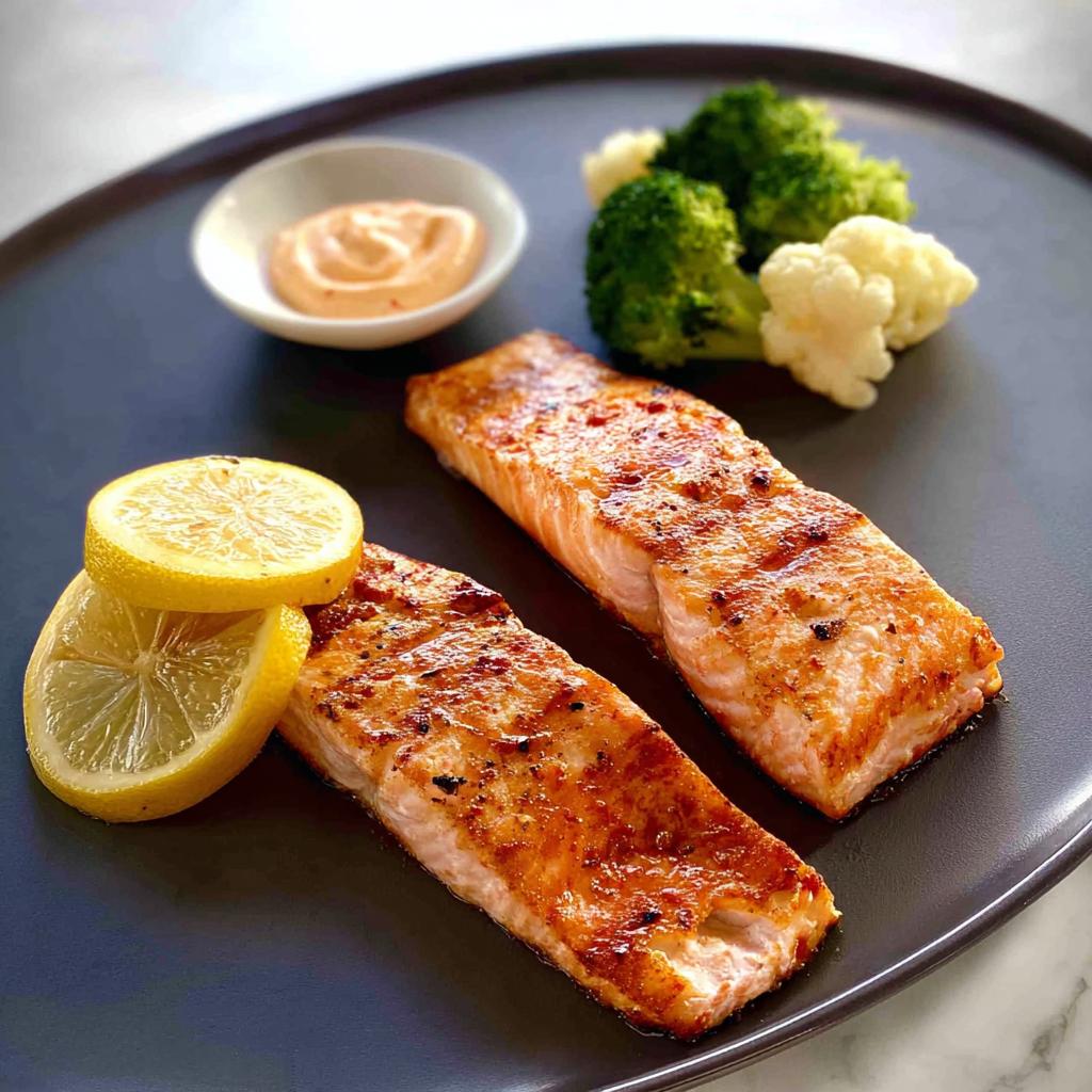 Two perfectly cooked salmon fillets served with steamed broccoli, cauliflower, lemon slices, and a creamy dipping sauce.