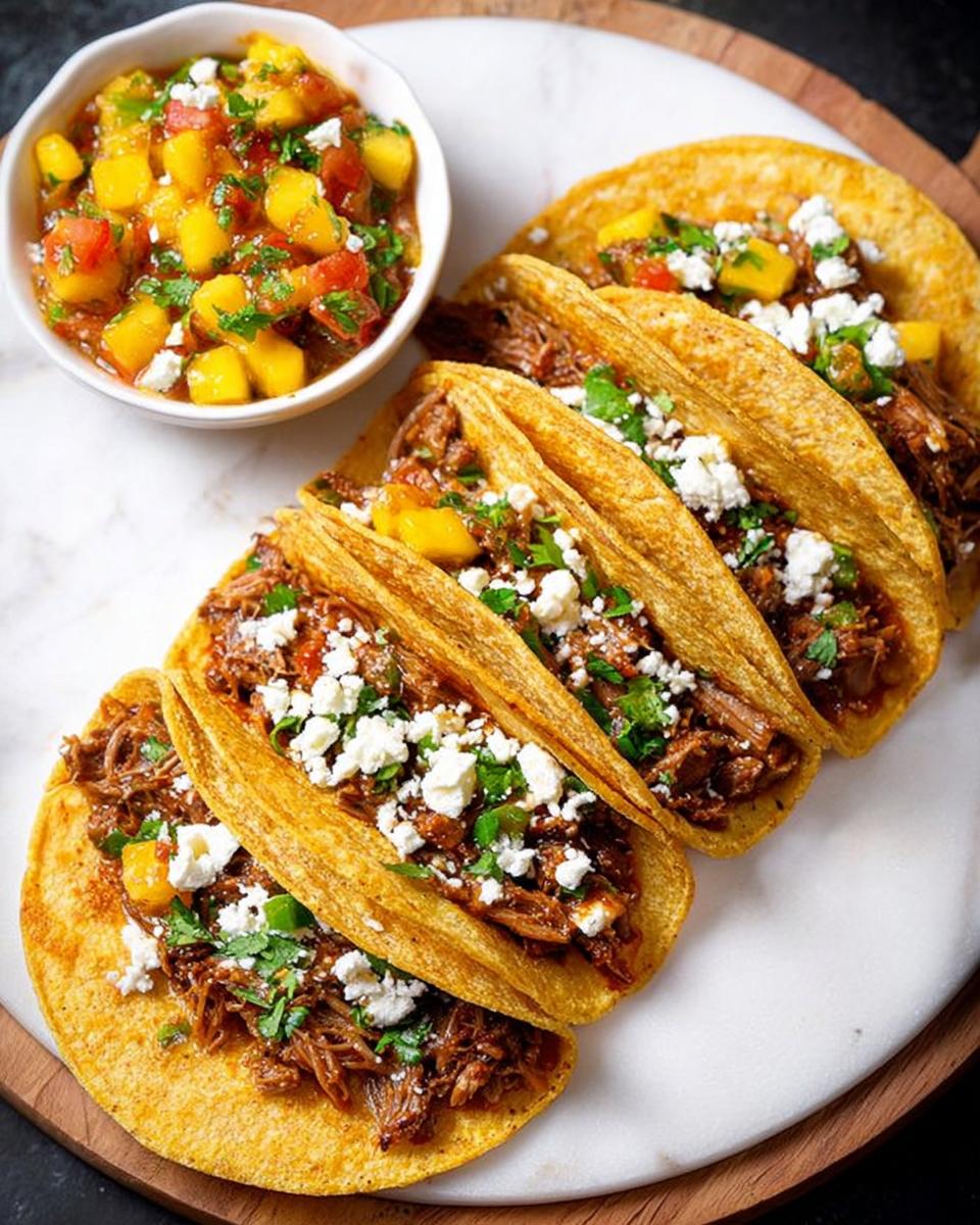 A plate of delicious 12-Ingredient Taco Tuesday Recipes with shredded meat, crumbled cheese, and a side of mango salsa.