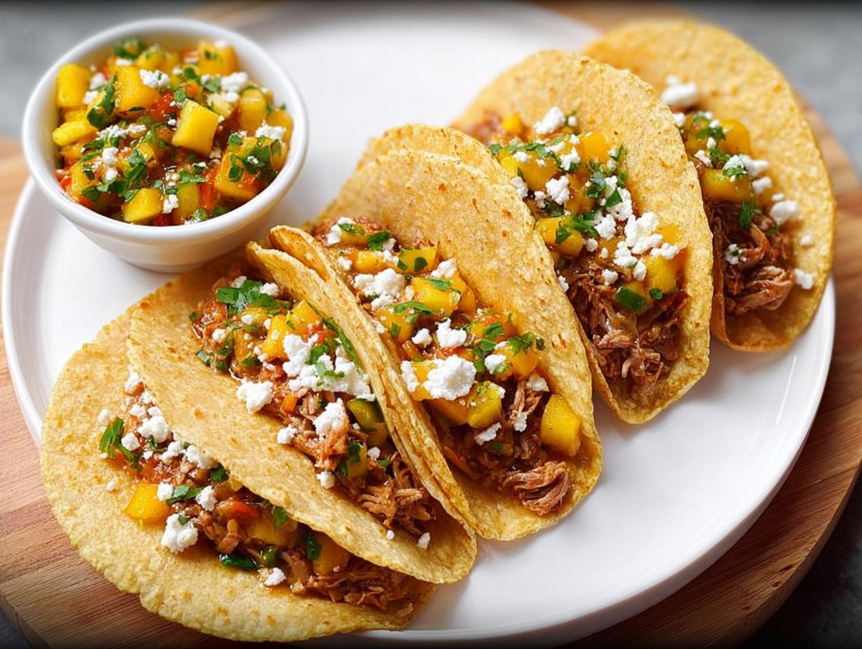 A plate of delicious tacos filled with shredded meat, topped with mango salsa and crumbled cheese, perfect for 12-Ingredient Taco Tuesday Recipes.