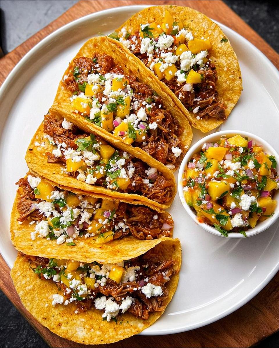 A plate of four shredded meat tacos, topped with mango salsa and crumbled cheese, part of 12-Ingredient Taco Tuesday Recipes.