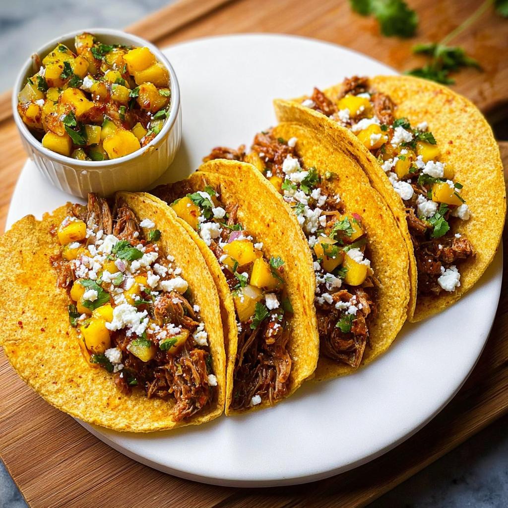 A plate of four mouthwatering tacos filled with shredded meat, mango salsa, and crumbled cheese, perfect for 12-Ingredient Taco Tuesday Recipes.
