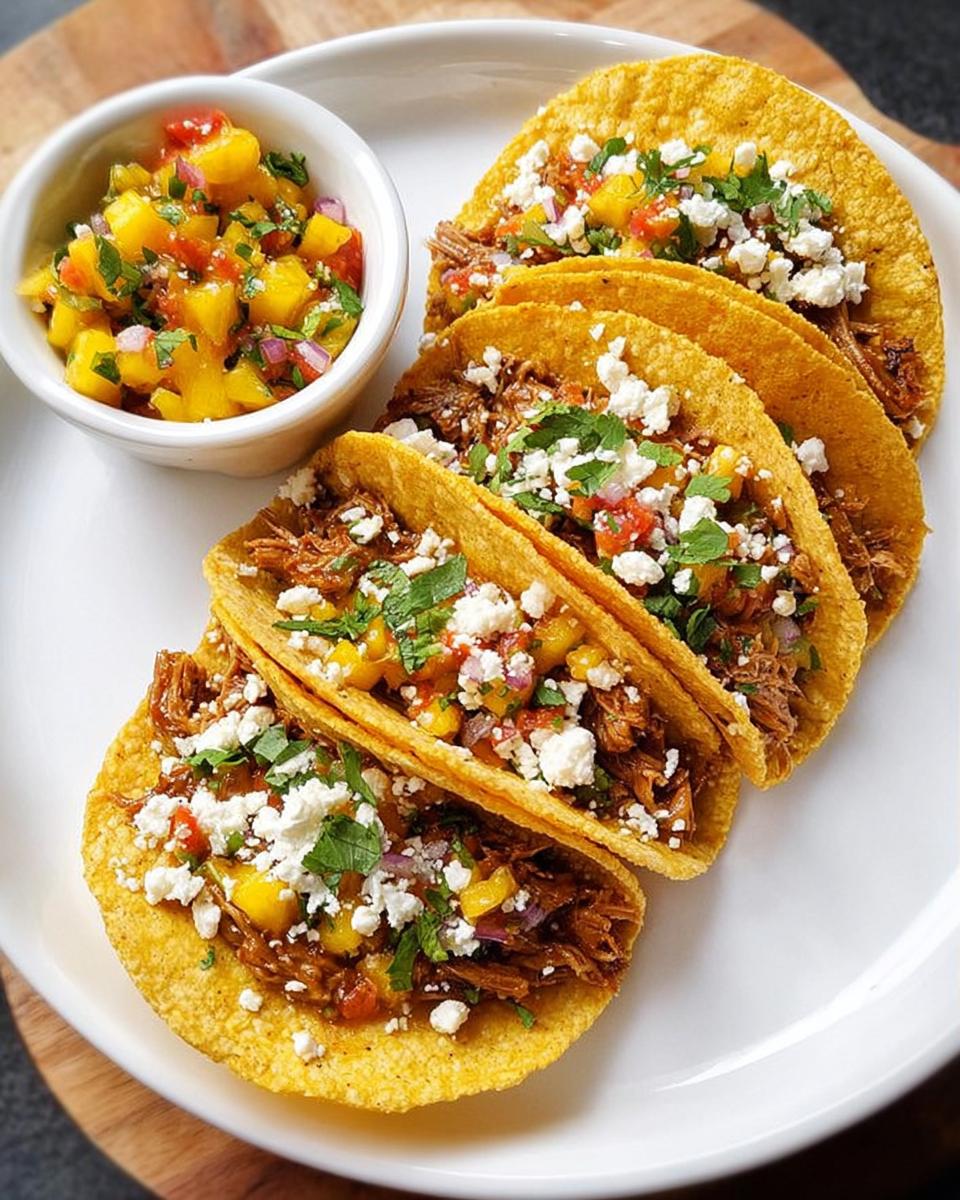 A plate of 12-Ingredient Taco Tuesday recipes filled with shredded meat, crumbled cheese, and fresh salsa.