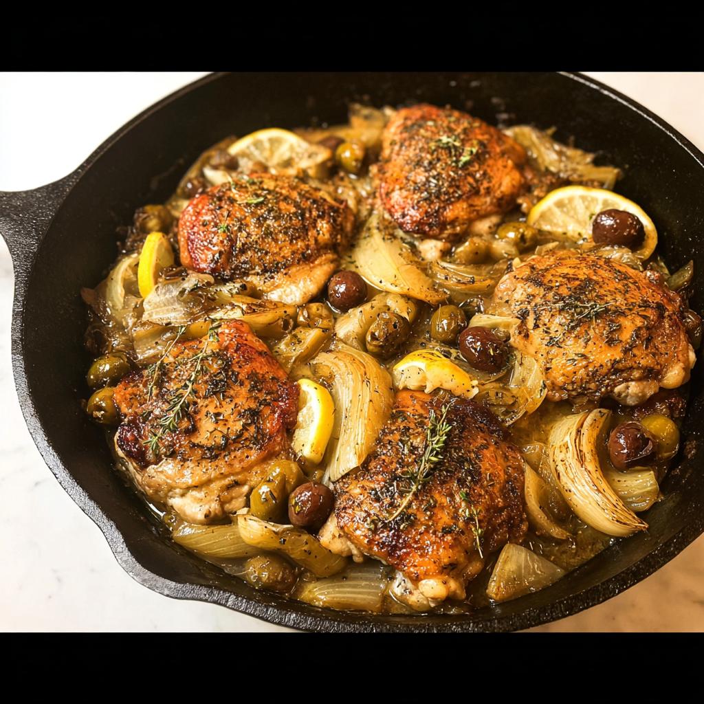 A cast iron skillet filled with 20-ingredient chicken thighs recipe, featuring golden-brown chicken, olives, onions, and lemon slices.