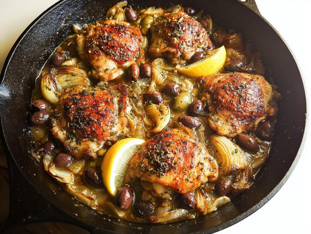 A cast iron skillet filled with tender 20-ingredient chicken thighs, olives, onions, and lemon wedges.
