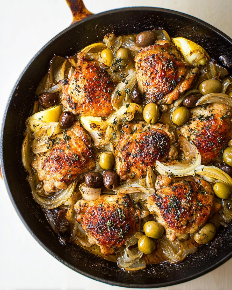 A cast iron skillet filled with 20-ingredient chicken thighs, caramelized onions, olives, and lemon wedges.