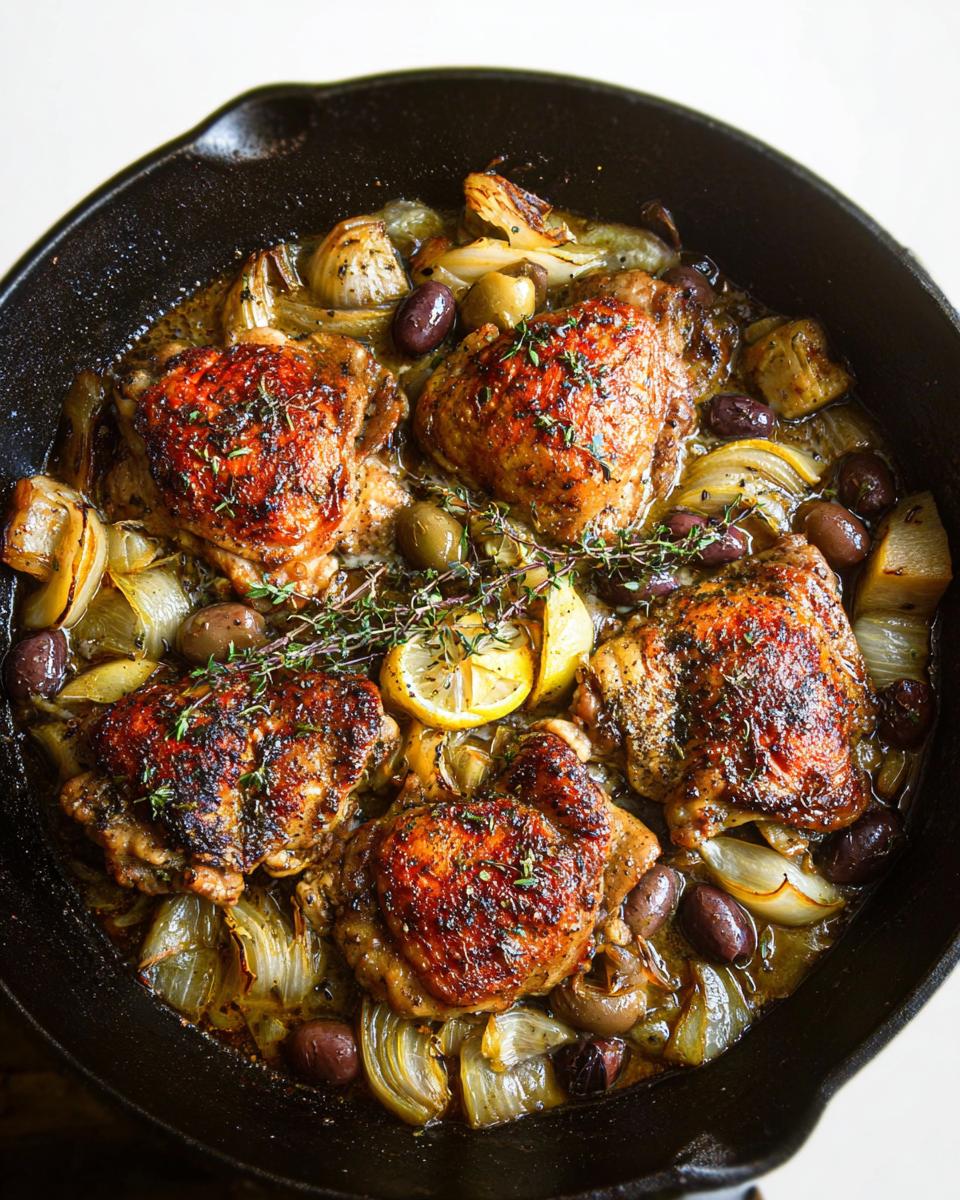 A cast iron skillet filled with 20-ingredient chicken thighs, olives, artichoke hearts, and lemon slices, garnished with fresh thyme.