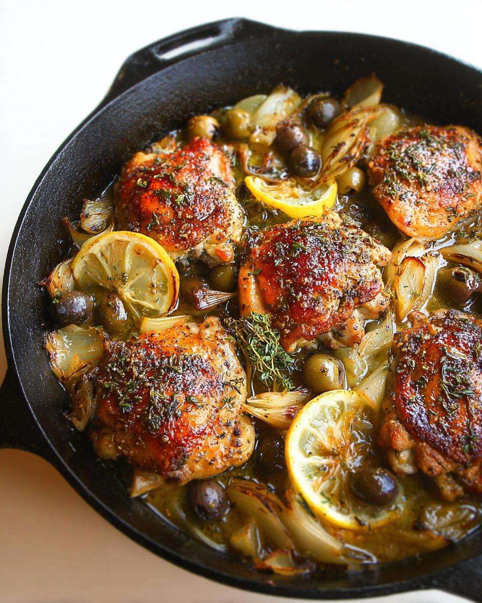 A cast iron skillet filled with 20-ingredient chicken thighs, olives, onions, and lemon slices, baked to perfection.