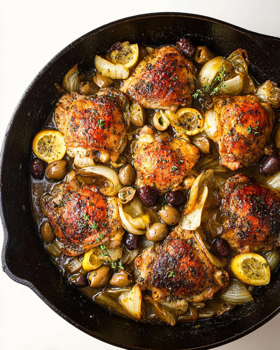 A cast iron skillet filled with 20-ingredient chicken thighs recipe, olives, onions, and lemon slices.