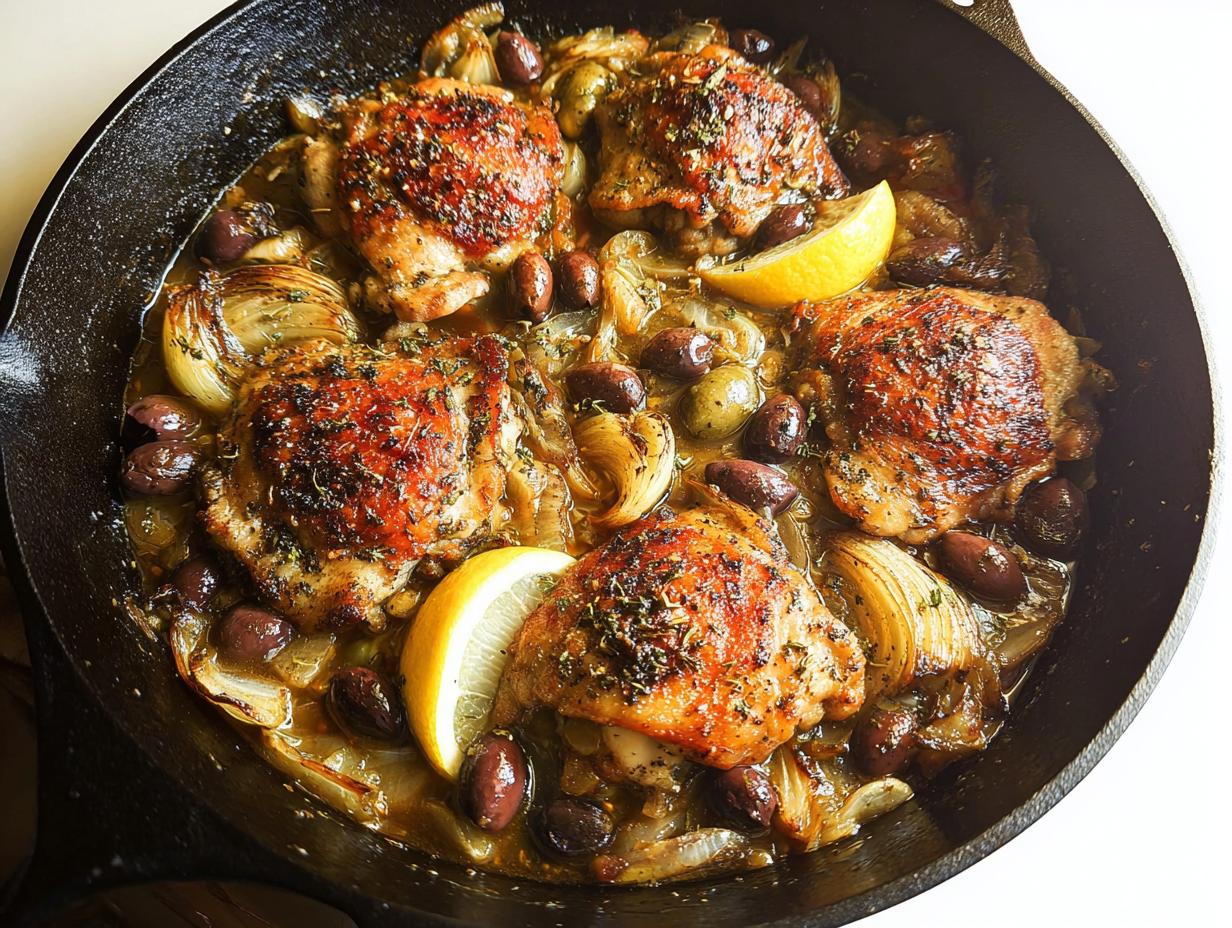 A cast iron skillet filled with tender 20-ingredient chicken thighs, olives, onions, and lemon wedges.