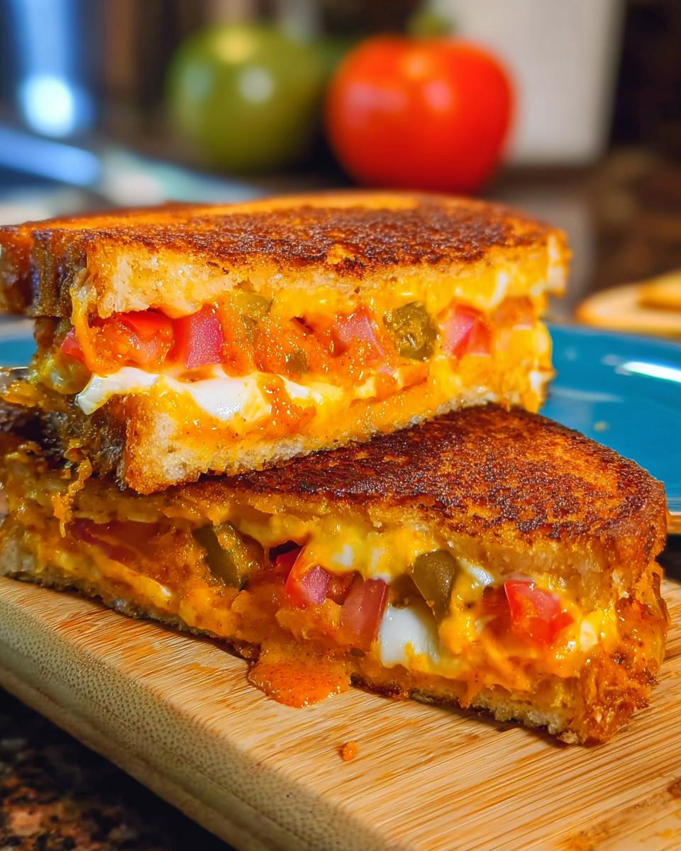 A close-up of a stacked, gourmet grilled cheese sandwich filled with melted cheese, tomatoes, and jalapenos.